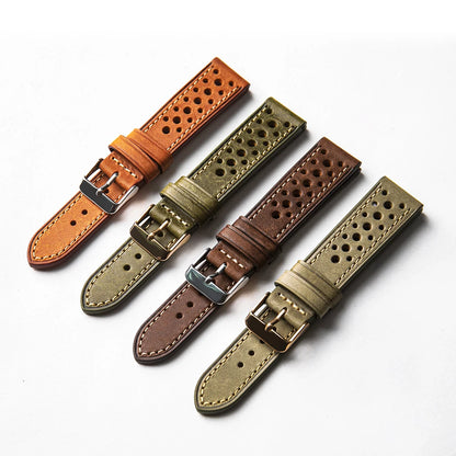 Men's Cowhide Leather Watch Strap, Handmade Top Layer, Italian Genuine Leather 18 19 20 21 22MM, Breathable Hole Design, Vintage