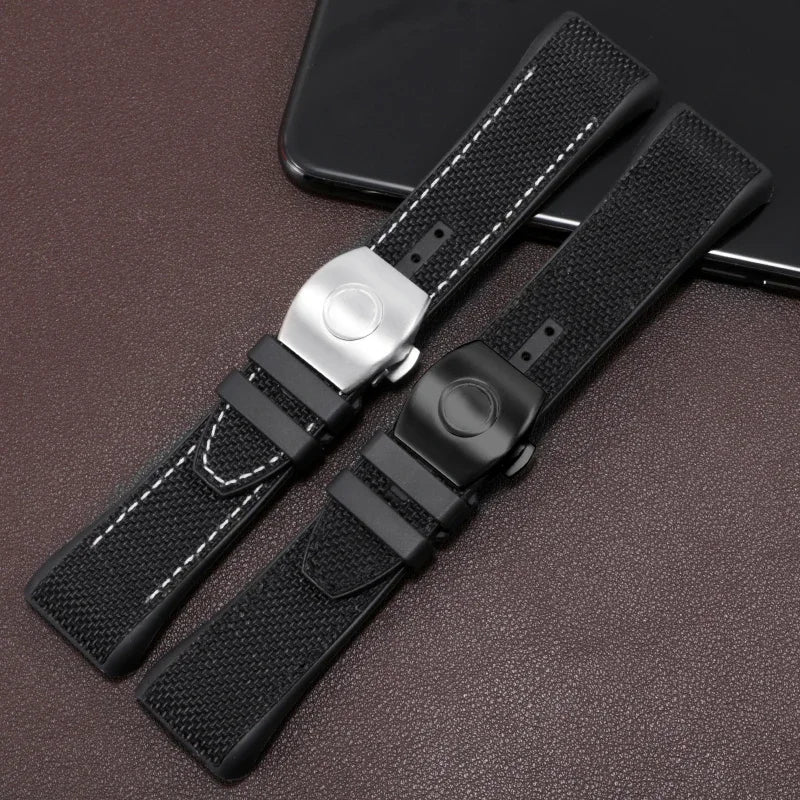 Bracelet de montre pliable en nylon et cuir véritable, bracelet de montre en silicone, noir, bleu, haute qualité, compatible avec Franck Muller, série V45, 28mm