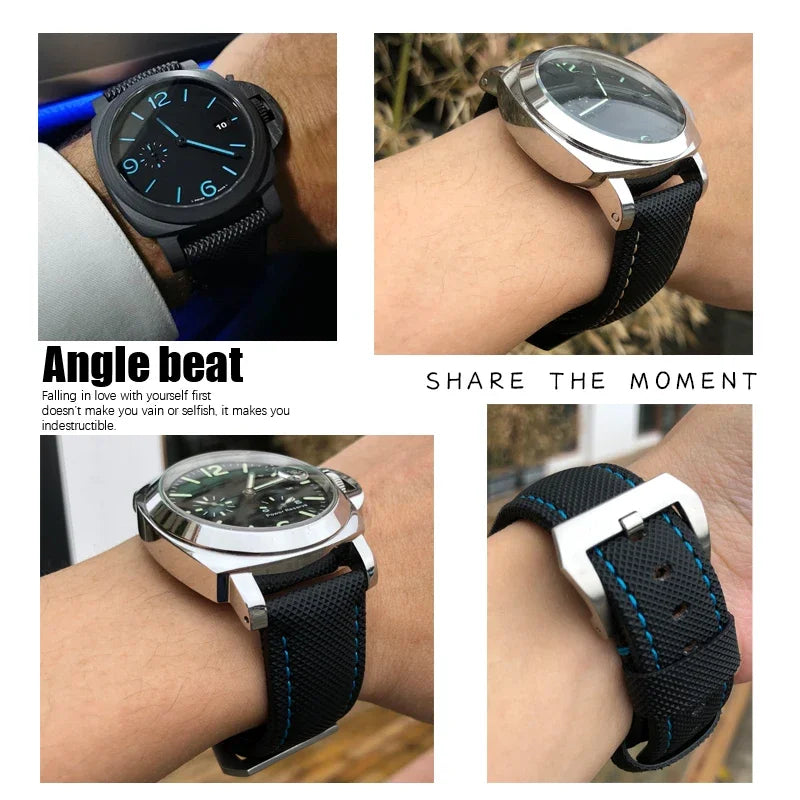 22mm 24mm 26mm Watch Strap for Panerai Luminor PAM01661, Black and Blue Nylon Fabric, Genuine Leather Canvas, Screw Pin Buckle
