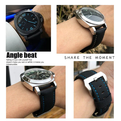 22mm 24mm 26mm Watch Strap for Panerai Luminor PAM01661, Black and Blue Nylon Fabric, Genuine Leather Canvas, Screw Pin Buckle