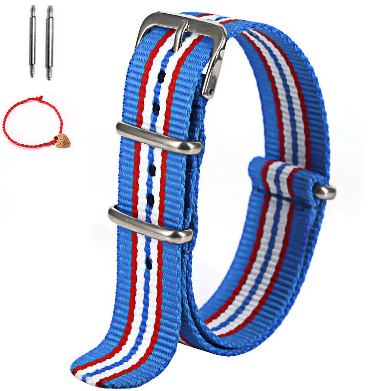 Bracelet de montre à rayures de remplacement pour hommes et femmes, en Nylon, avec boucle ardillon argentée, 16MM 18MM 20MM 22MM, bracelet à dégagement rapide