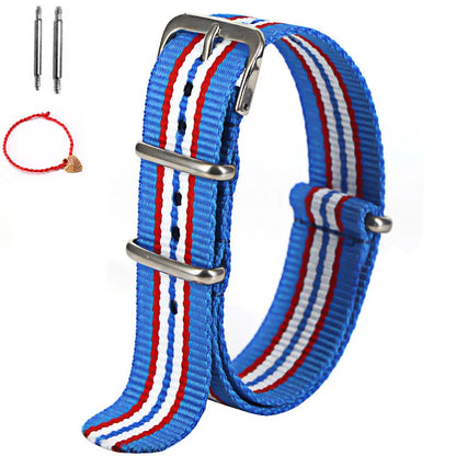 Bracelet de montre à rayures de remplacement pour hommes et femmes, en Nylon, avec boucle ardillon argentée, 16MM 18MM 20MM 22MM, bracelet à dégagement rapide