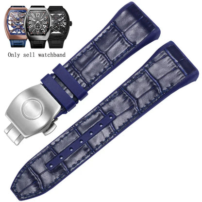 Bracelet de montre pliable en nylon et cuir véritable, bracelet de montre en silicone, noir, bleu, haute qualité, compatible avec Franck Muller, série V45, 28mm