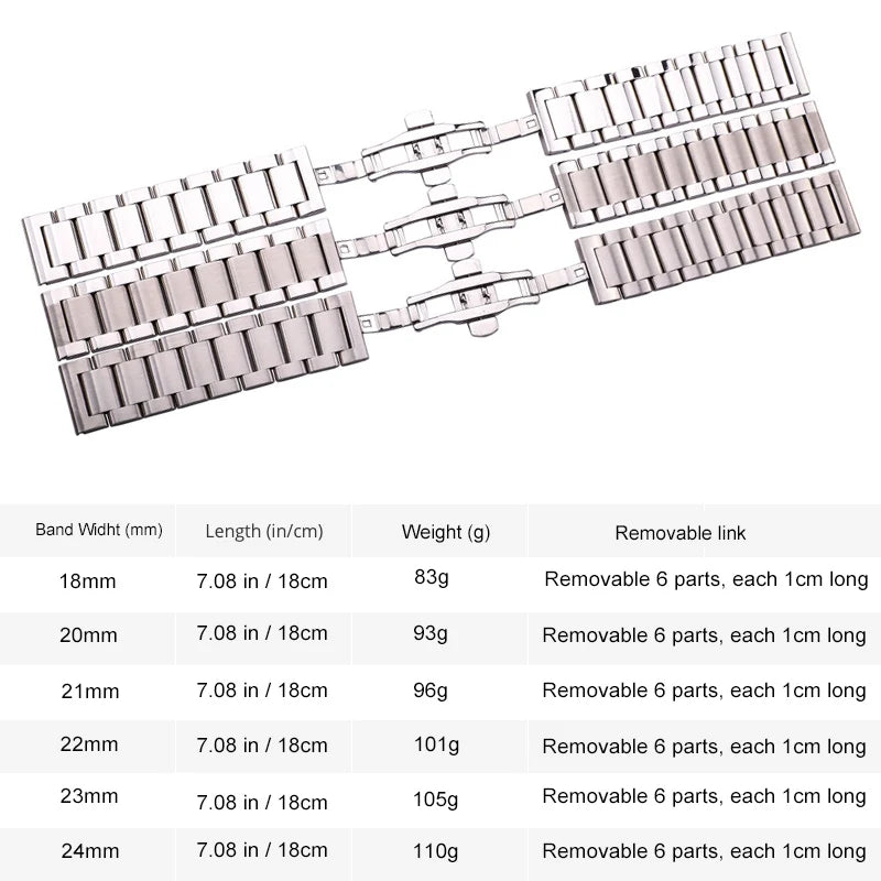 Men's and Women's Watch Straps, Solid Stainless Steel, 18mm, 20mm, 21mm, 22mm, 23mm, 24mm, Accessories