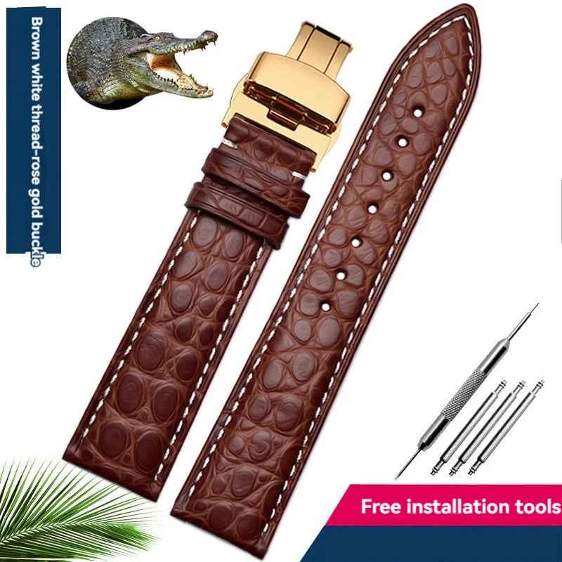 Bracelet en peau de crocodile véritable pour homme et femme, bracelet en alligator, fermoir papillon, Longines, Omega, Mido, Tissot, Rossini, 16mm, 18mm, 20mm, 22mm