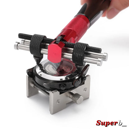 3-in-1 metal watchmaker tool: Adjustable case opener, press to close and open the case back, watch movement holder