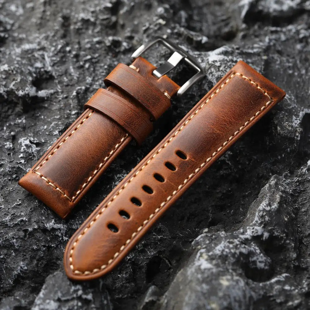 Cinturino per orologio da uomo fatto a mano in pelle bovina, strato superiore, beige, vintage, 20mm, 22mm, 24mm, struttura in bronzo morbido e ispessito