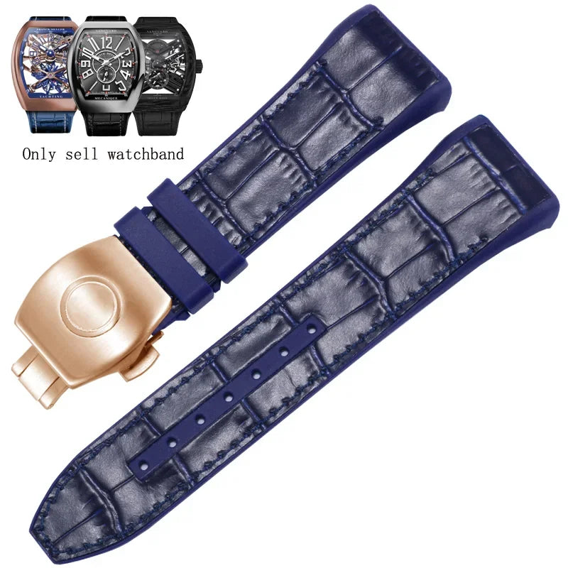 Bracelet de montre pliable en nylon et cuir véritable, bracelet de montre en silicone, noir, bleu, haute qualité, compatible avec Franck Muller, série V45, 28mm