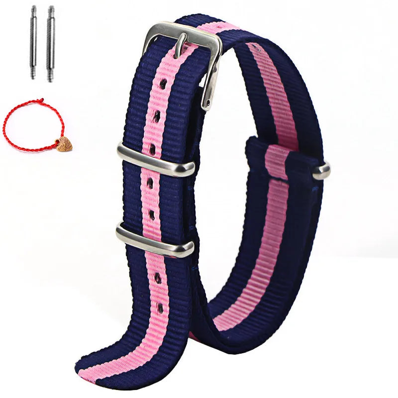 Bracelet de montre à rayures de remplacement pour hommes et femmes, en Nylon, avec boucle ardillon argentée, 16MM 18MM 20MM 22MM, bracelet à dégagement rapide