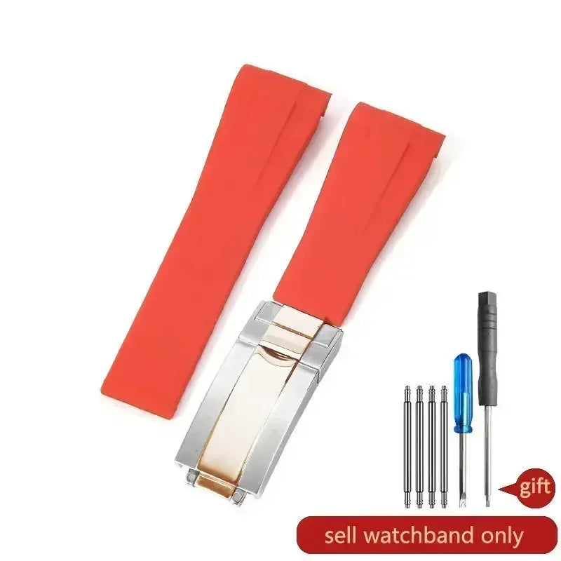 High-quality silicone watch strap in colorful styles (black, green, red, blue, white), with a curved interface for Rolex Datejust Submariner straps.