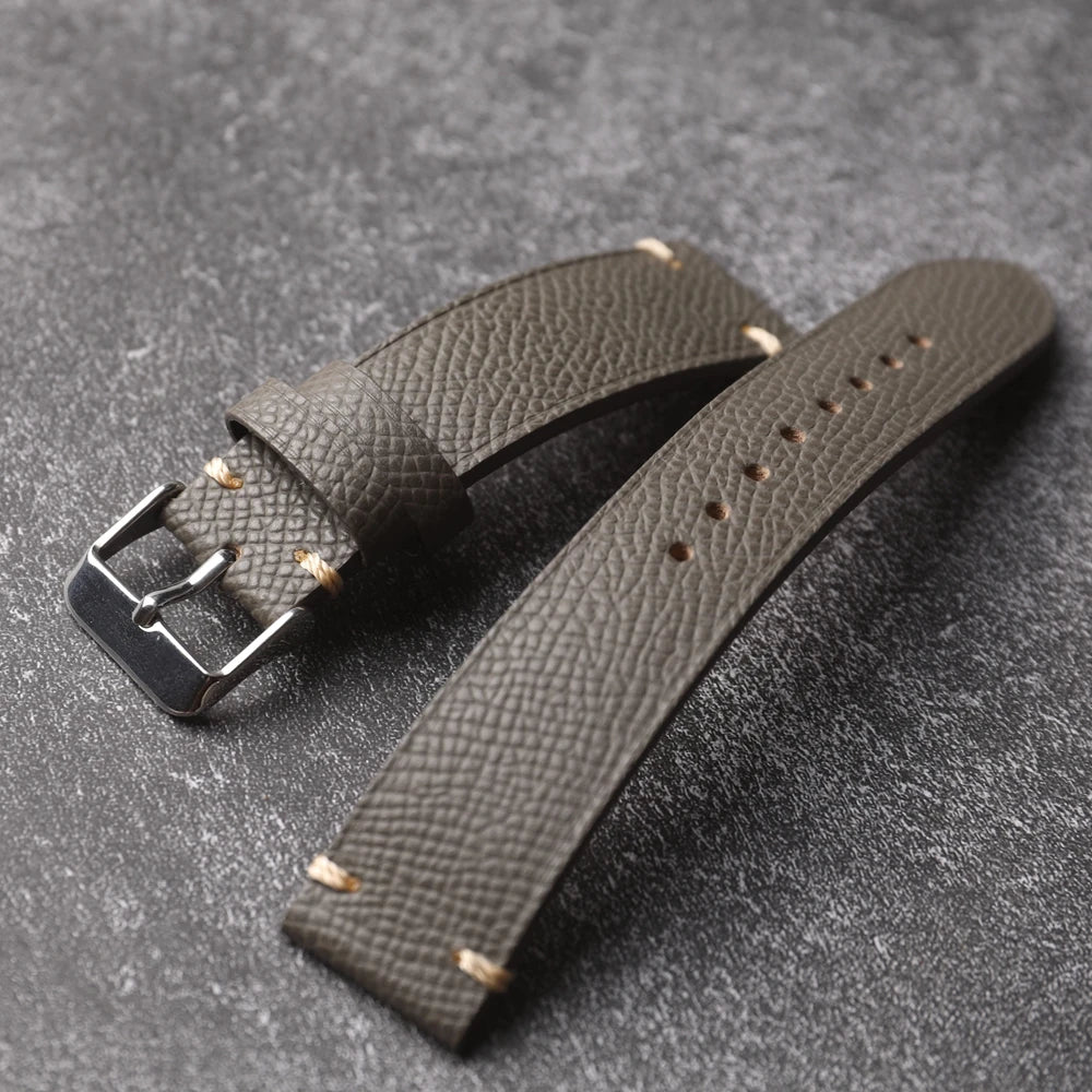 Handmade genuine leather strap, 18 19 20 22MM brown black grey, soft Italian genuine palm grain leather strap, vintage style