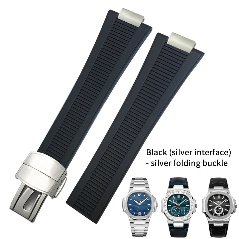 Correa de reloj de caucho y silicona, forma cóncava, 25mm 13mm, adaptada a PATEK PHILIPPE Nautilus PP, negro, azul, marrón, cierre desplegable