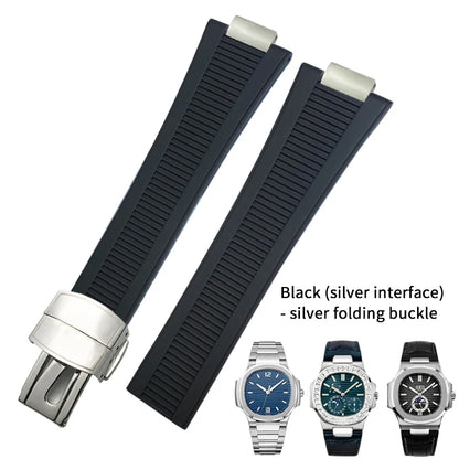 Correa de reloj de caucho y silicona, forma cóncava, 25mm 13mm, adaptada a PATEK PHILIPPE Nautilus PP, negro, azul, marrón, cierre desplegable