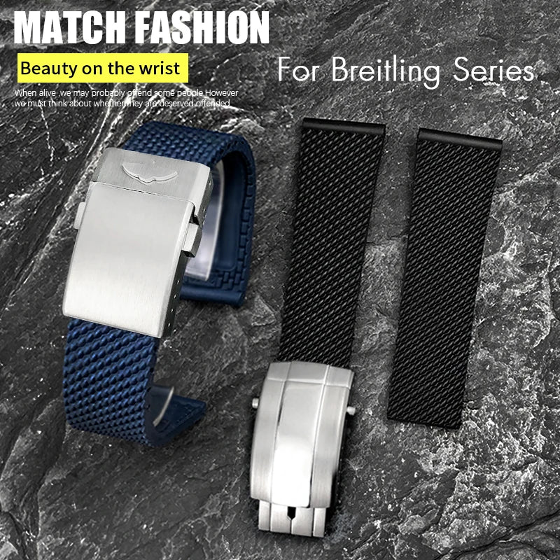 Cinturino in gomma intrecciata, cinturino morbido in silicone, 20mm, 21mm, 22mm, 23mm, 24mm, per orologio Breitling AVENGER NAVITIMER NAVITIMER, nero e blu