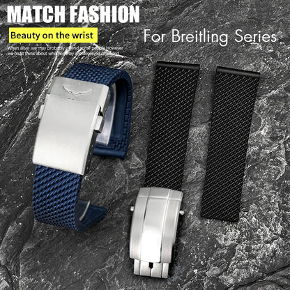 Cinturino in gomma intrecciata, cinturino morbido in silicone, 20mm, 21mm, 22mm, 23mm, 24mm, per orologio Breitling AVENGER NAVITIMER NAVITIMER, nero e blu