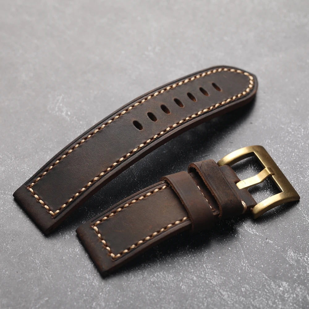 Cinturino per orologio in pelle bovina, strato superiore vintage, 20mm 22mm 24mm 26mm, fibbia pieghevole in rame marrone, cinturino in vera pelle