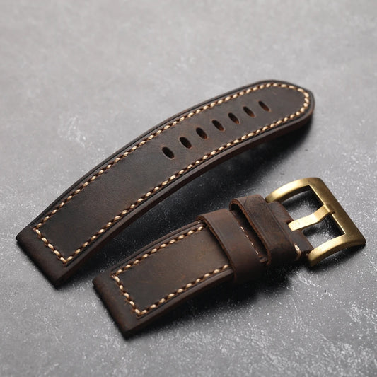 Cowhide Watch Strap, Vintage Top Layer, 20mm 22mm 24mm 26mm, Brown Foldable Copper Buckle, Genuine Leather Watch Band
