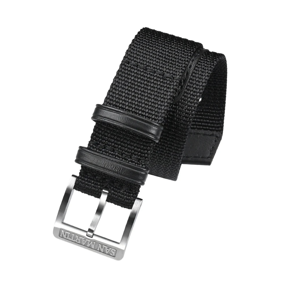 Cinturino per orologio San Martin, pezzo unico, 20 mm, nylon resistente, acciaio inossidabile 316L, fibbia ad ardiglione con logo, fibbia in pelle retrò militare SN0105