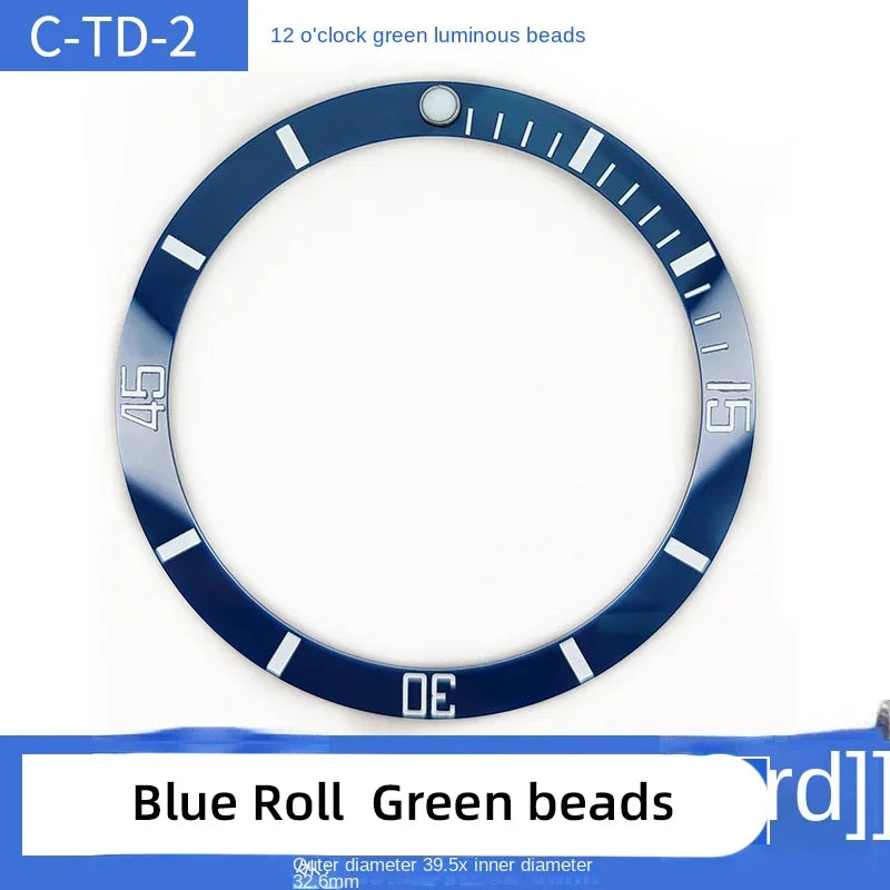Ceramic watch bezel, 39.5x32.6mm, for Tudor Black Bay, inclined bezel, fitted scale, 12-hour, green luminous pearl, accessories