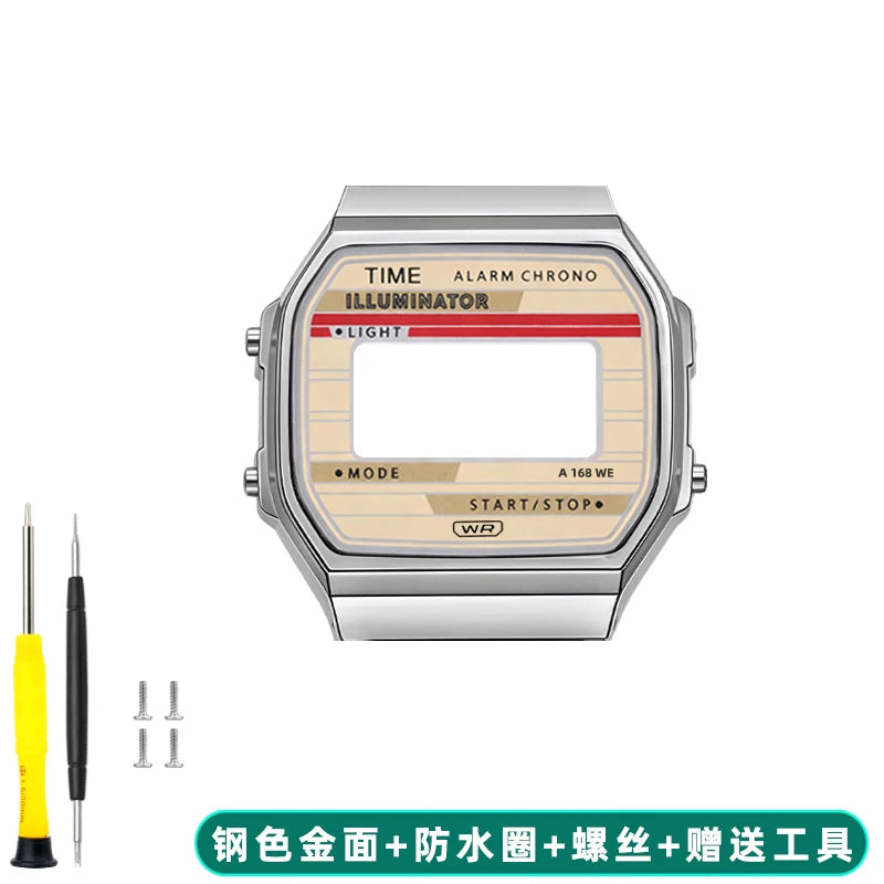 Boîtier de lunette métallique en acier inoxydable + Kit de bracelet pour Casio F91W/A158/A159 – Bracelet de montre et outils de remplacement personnalisés (argent/noir/or)
