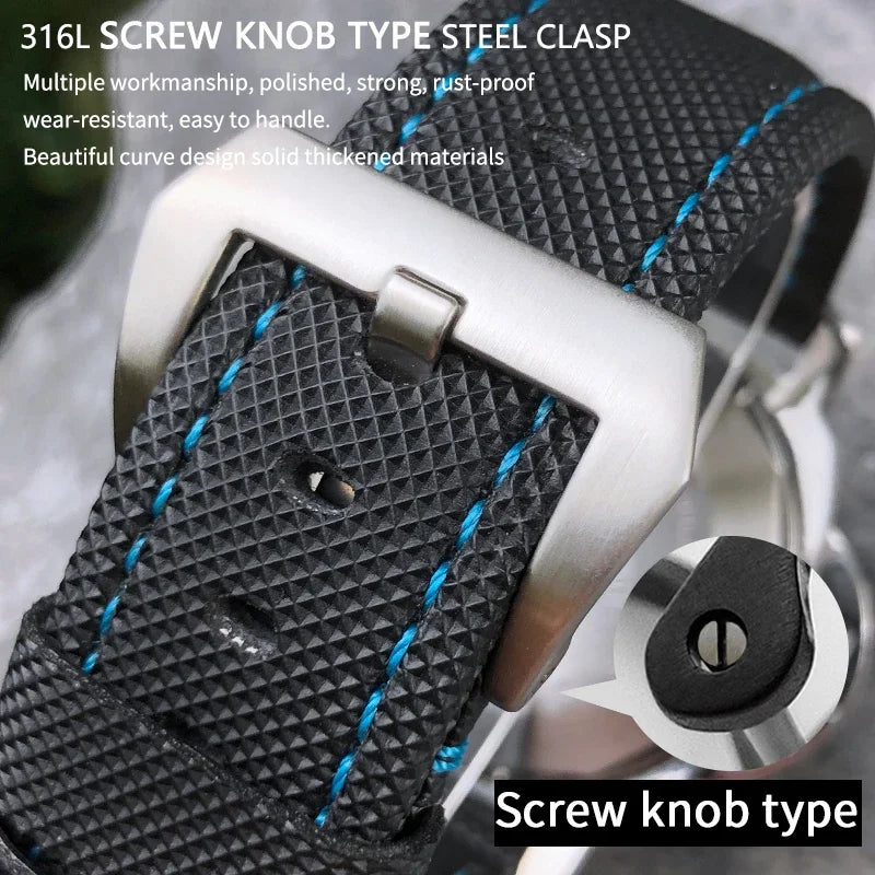 22mm 24mm 26mm Watch Strap for Panerai Luminor PAM01661, Black and Blue Nylon Fabric, Genuine Leather Canvas, Screw Pin Buckle