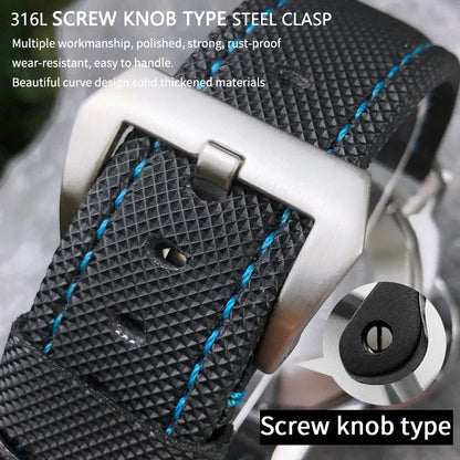 22mm 24mm 26mm Watch Strap for Panerai Luminor PAM01661, Black and Blue Nylon Fabric, Genuine Leather Canvas, Screw Pin Buckle