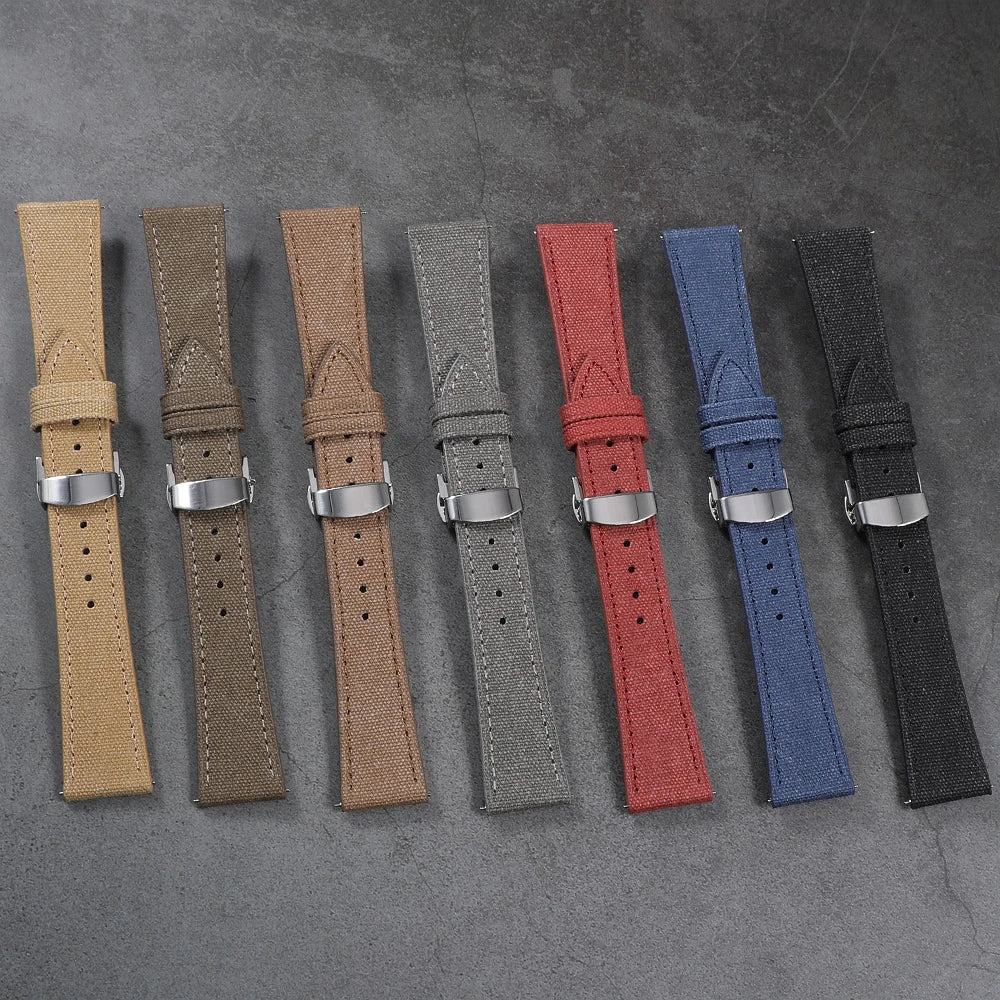 Bracelet de montre en toile haute densité 20 mm 22 mm, bracelet de montre rétro en cuir et tissu avec boucle papillon à dégagement rapide