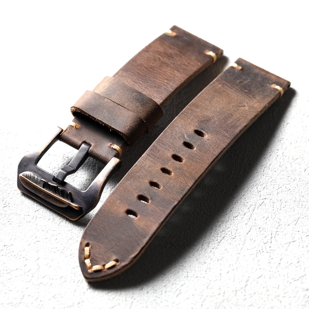 Handmade Bronze Buckle Strap, Compatible with Bronze Watch Accessories, 20MM 22MM 24MM 26MM Thick, Brown Leather Strap