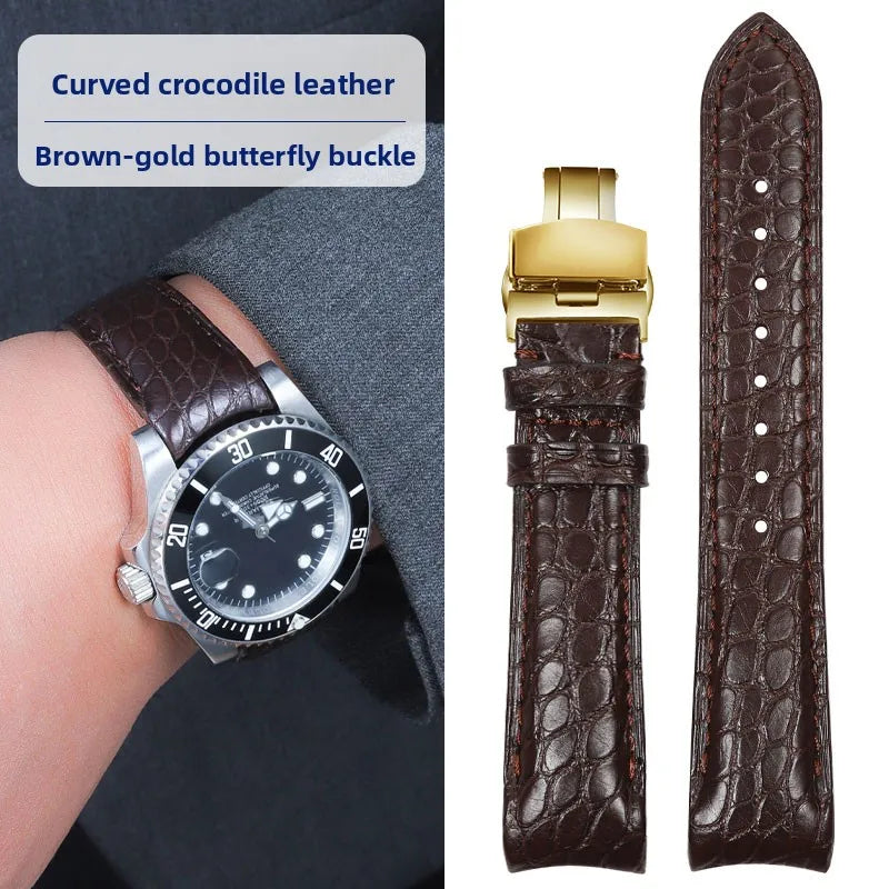 Bracelet de montre incurvé en peau de Crocodile, 20mm 22mm, pour Rolex Omega Tissot IWC Seiko, Bracelet en cuir véritable souple pour hommes