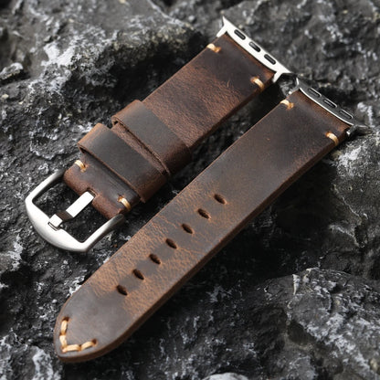 Bracciale in pelle bovina da uomo fatto a mano strato superiore, stile retrò per iWatch Apple Watch Ultra 2 49MM 45MM 44MM 42MM, cinturino spesso marrone