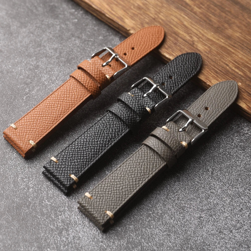 Handmade genuine leather strap, 18 19 20 22MM brown black grey, soft Italian genuine palm grain leather strap, vintage style