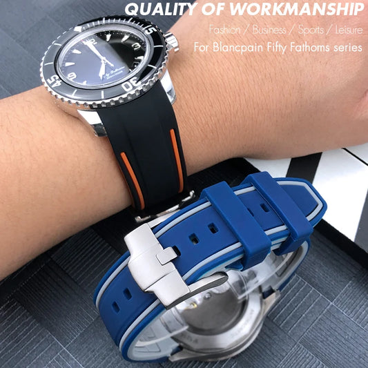 Cinturino per orologio in gomma naturale con estremità curva da 23 mm, per Blancpain Fifty Fathoms 5000 5015, in silicone morbido, nero, impermeabile