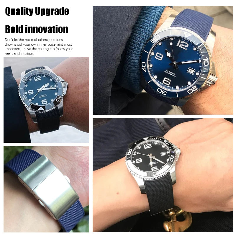 Bracelet de montre en caoutchouc et Silicone, 19mm 20mm 21mm, noir et bleu, pour montre Longines Master Conquest HydroConquest série L3