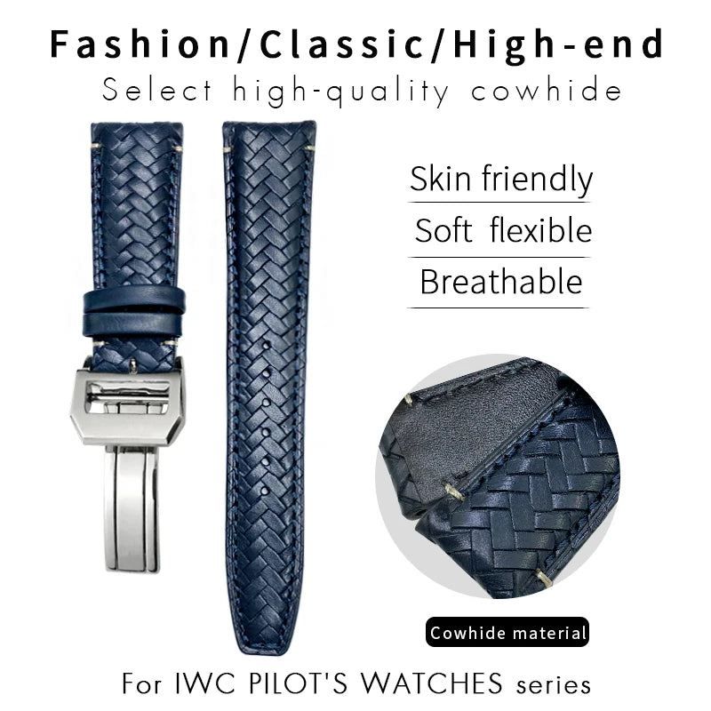 Bracelet de montre tissé en cuir de vachette pour IWC, bracelet de montre en cuir véritable, extrémité incurvée, marque de pilote portugaise, haute qualité, 20mm, 21mm, 22mm