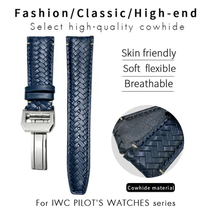 Bracelet de montre tissé en cuir de vachette pour IWC, bracelet de montre en cuir véritable, extrémité incurvée, marque de pilote portugaise, haute qualité, 20mm, 21mm, 22mm