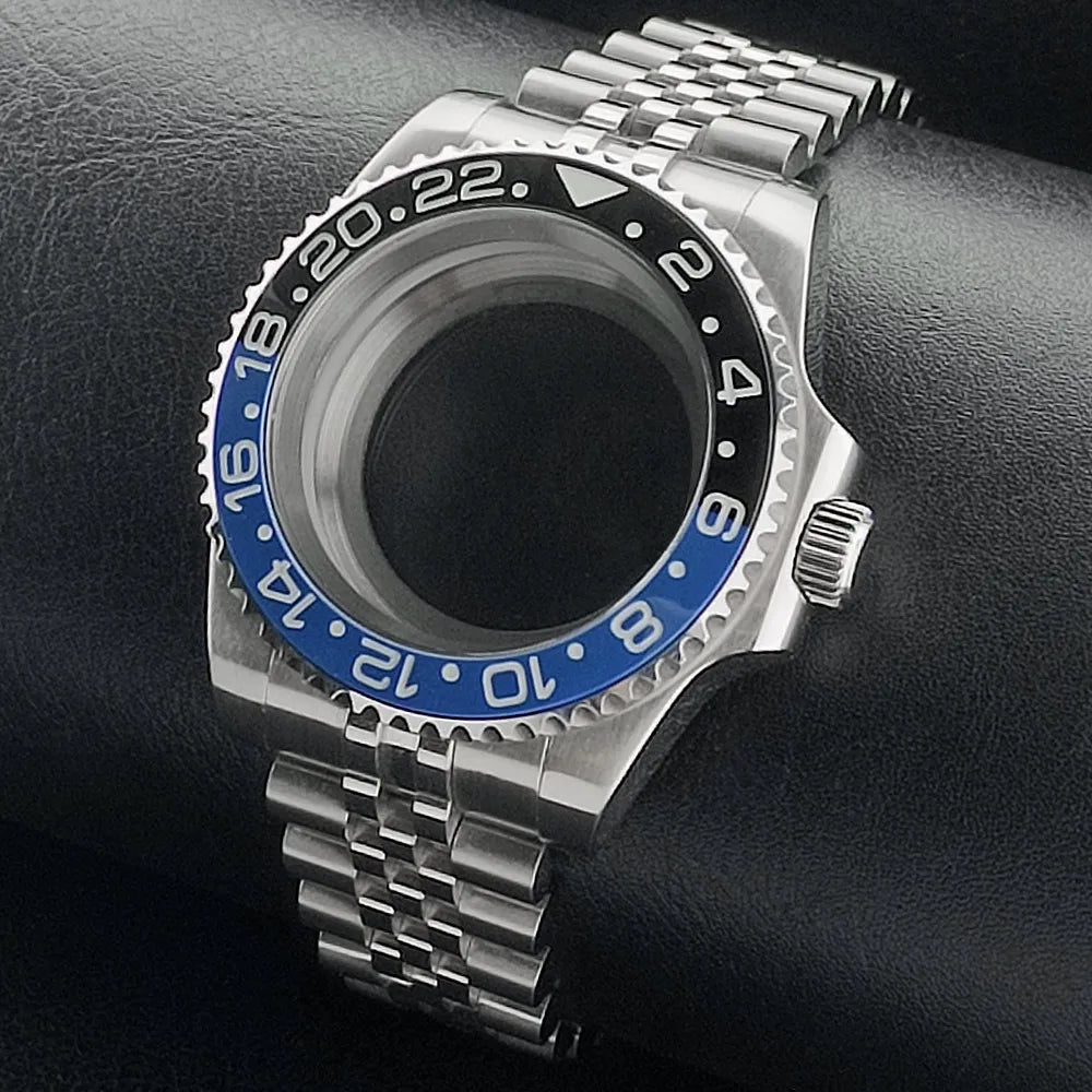 Nouveau 40.5mm GMT fit NH-34 boîtier en argent lunette peut tourner dans les deux directions saphir boîtier de montre étanche pièces de montre accessoires