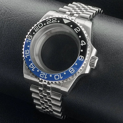 Nouveau 40.5mm GMT fit NH-34 boîtier en argent lunette peut tourner dans les deux directions saphir boîtier de montre étanche pièces de montre accessoires