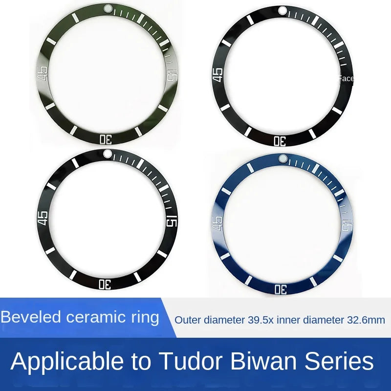 Ceramic watch bezel, 39.5x32.6mm, for Tudor Black Bay, inclined bezel, fitted scale, 12-hour, green luminous pearl, accessories