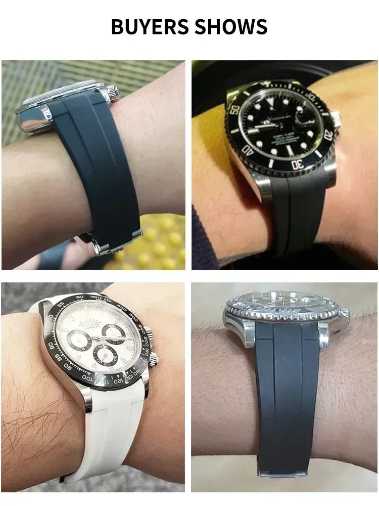 High-quality silicone watch strap in colorful styles (black, green, red, blue, white), with a curved interface for Rolex Datejust Submariner straps.