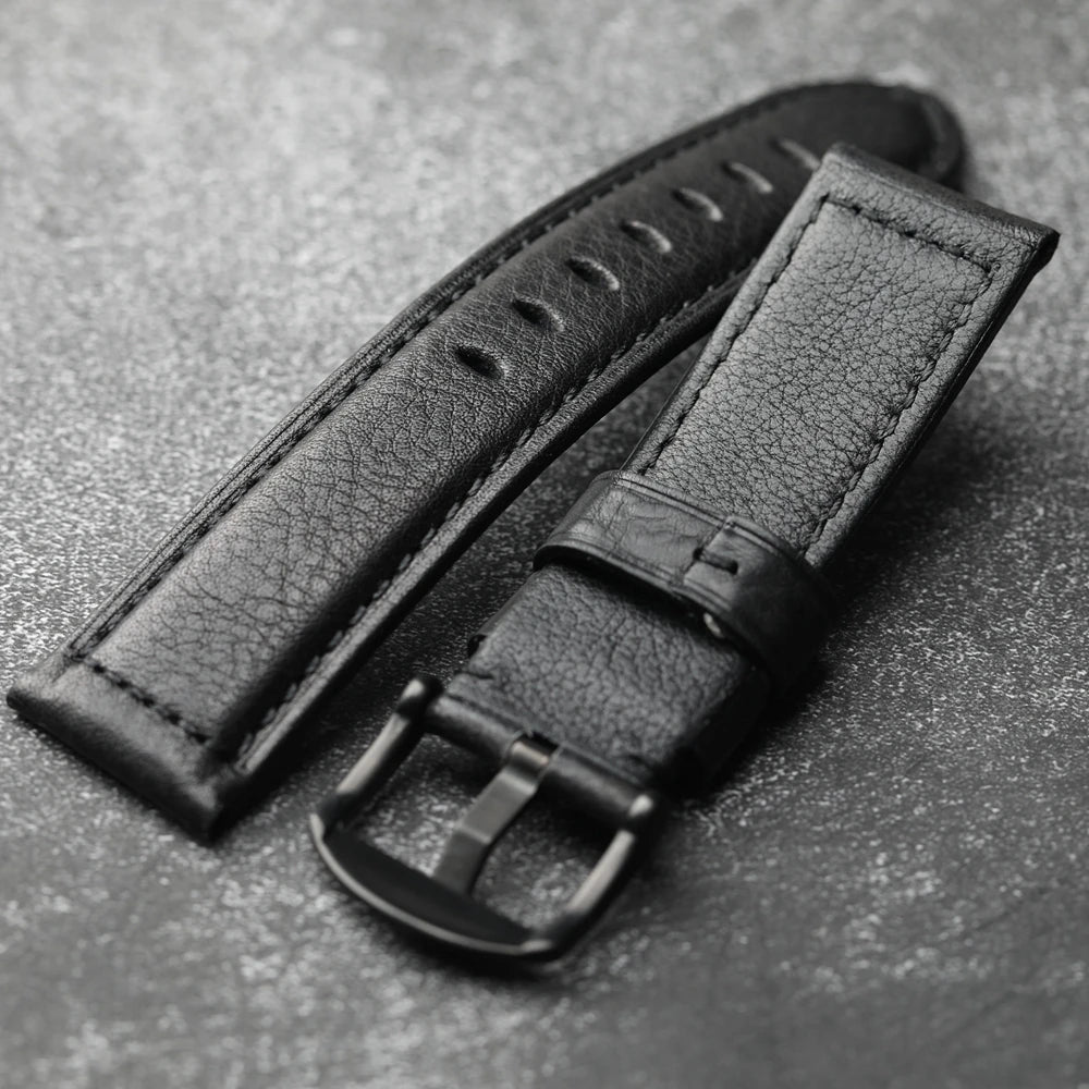 Handmade Leather Watch Strap Black 20 22 24 26MM Head Layer Cowhide Men's Mechanical Watch Band, Retro Style Black Strap
