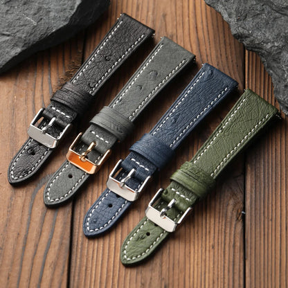 Cinturino in pelle di struzzo fatto a mano, 18 19 20 22 MM, morbido, ultra-sottile, blu, nero, marrone, stile retrò, adatto per orologi vintage