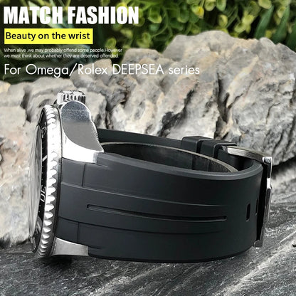 Cinturino per orologio in gomma siliconica concava convessa da 21 mm con estremità curva per Rolex DEEPSEA Sea-Dweller 126660, cinturino sportivo da immersione blu nero, strumenti inclusi