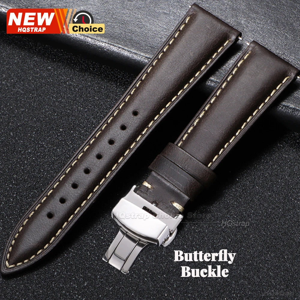 Bracelet de montre vintage en cuir huilé avec boucle papillon 18mm 19mm 20mm 21mm 22mm pour homme et femme, fermoir à ardillon