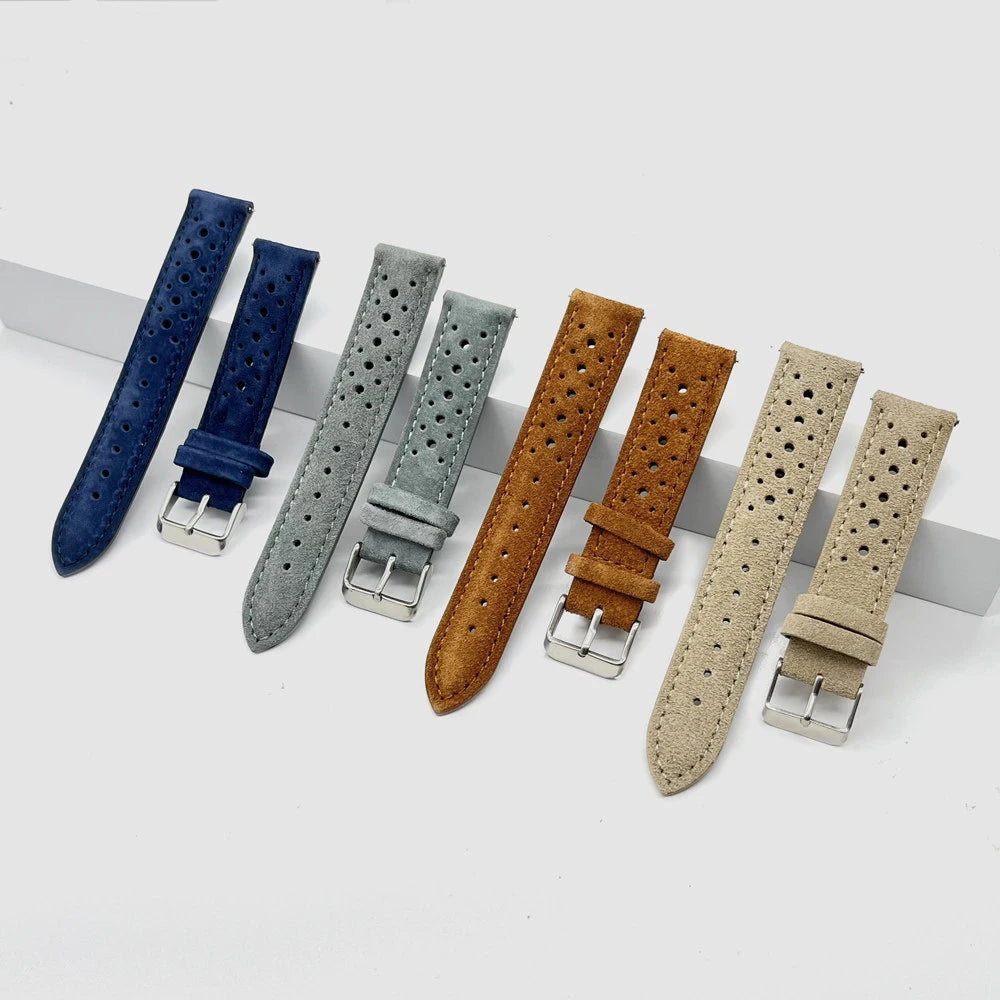 Bracelet de montre en cuir suédé perforé vintage 20mm 21mm 22mm - Sangle de remplacement rétro respirante à dégagement rapide