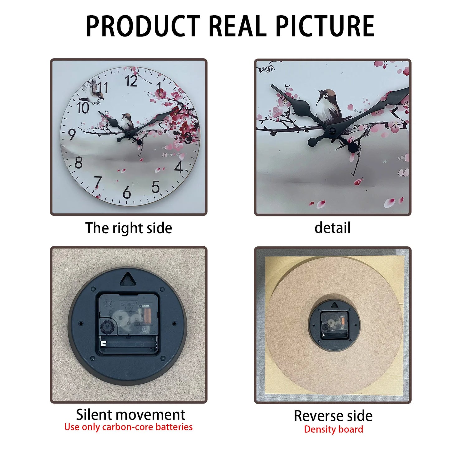 Art moderne Aquarelle Branches de fleurs de cerisier avec deux motifs d'oiseaux Horloge murale en bois Salon Chambre Cuisine Décoration de la maison Horloge murale Horloge à quartz silencieuse Cadeau de vacances 10 pouces 1