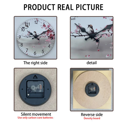 Art moderne Aquarelle Branches de fleurs de cerisier avec deux motifs d'oiseaux Horloge murale en bois Salon Chambre Cuisine Décoration de la maison Horloge murale Horloge à quartz silencieuse Cadeau de vacances 10 pouces 1
