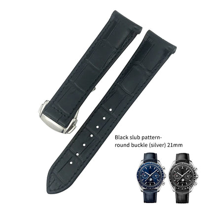 Bracelet de montre en cuir véritable à extrémité incurvée pour Omega Speedmaster Seam84AT150, déploiement struc19 mm 20mm 21mm, noir, bleu
