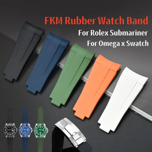 FKM – Bracelet de montre en caoutchouc, extrémités incurvées de 20mm, résistant à la sueur, pour Rolex Submariner Style et Omega x Swatch