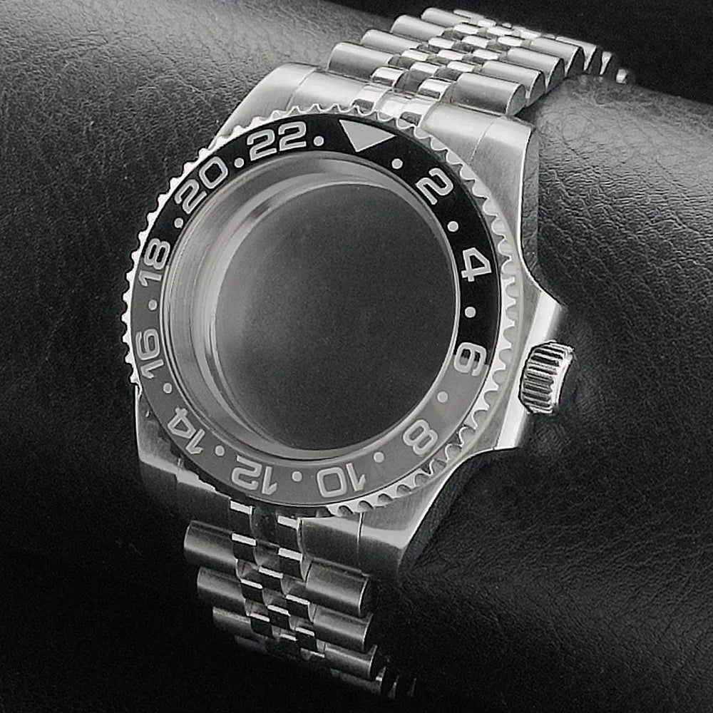 Nouveau 40.5mm GMT fit NH-34 boîtier en argent lunette peut tourner dans les deux directions saphir boîtier de montre étanche pièces de montre accessoires