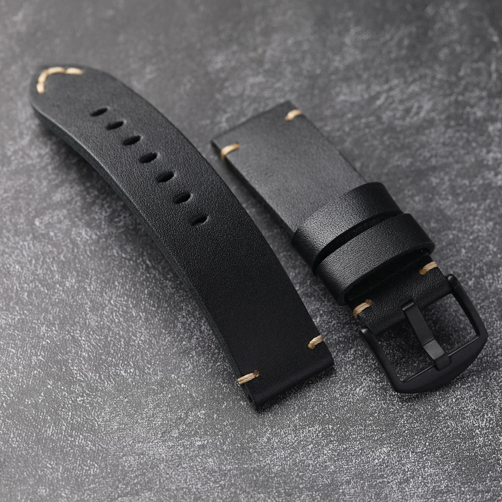 Handmade Cowhide Leather Watch Strap, Top Layer, 20 22 24 26MM, Black, Soft, Foldable, No Sandwich, Flexible